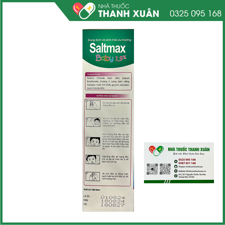Dung dịch xịt mũi Ưu Trương Saltmax Baby 1,9% giúp hỗ trợ giảm ngạt trong viêm mũi, viêm xoang